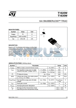 T1630-600W datasheet - 16A SNUBBERLESS TRIAC