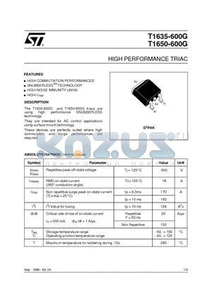 T1635-600G datasheet - HIGH PERFORMANCE TRIAC
