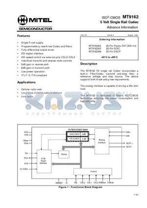 MT9162AS datasheet - ISO2-CMOS 5 Volt Single Rail Codec