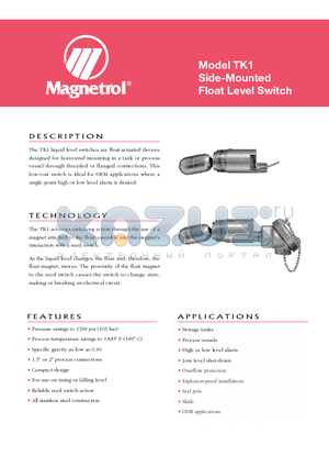 TK1-001N-BRJ datasheet - Model TK1 Side-Mounted Float Level Switch