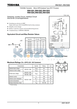 RN1501 datasheet - Switching, Inverter Circuit, Interface Circuit And Driver Circuit Applications