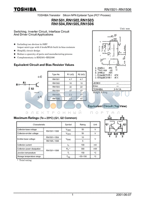 RN1502 datasheet - Switching, Inverter Circuit, Interface Circuit And Driver Circuit Applications