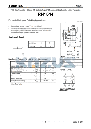 RN1544 datasheet - Transistor Silicon NPN Epitaxial Type (PCT process) (Bias Resistor built-in Transistor)