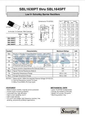 SBL1630PT datasheet - Low VF Schottky Barrier Rectifiers