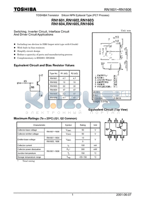 RN1602 datasheet - Switching, Inverter Circuit, Interface Circuit And Driver Circuit Applications