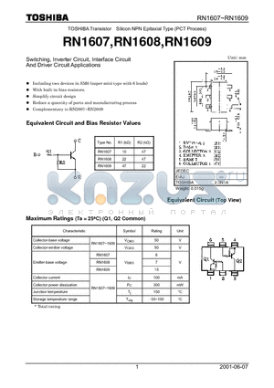 RN1607 datasheet - TOSHIBA Transistor Silicon NPN Epitaxial Type (PCT Process)