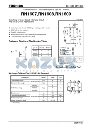 RN1608 datasheet - TOSHIBA Transistor Silicon NPN Epitaxial Type (PCT Process)
