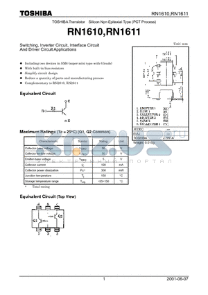 RN1610 datasheet - TOSHIBA Transistor Silicon Npn Epitaxial Type (PCT Process)