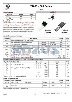 T1650-600 datasheet - TRIAC