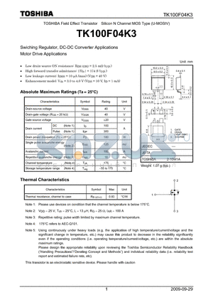 TK100F04K3 datasheet - Swiching Regulator,DC-DC Converter Applications Motor Drive Applications