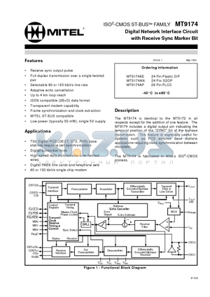 MT9174AE datasheet - ISO2-CMOS ST-BUS FAMILY Digital Network Interface Circuit with Receive Sync Marker Bit