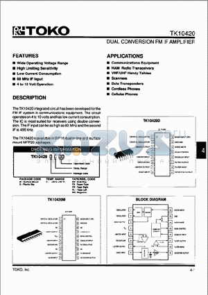 TK10420 datasheet - DUAL CONVERSION FM IF AMPLIFER