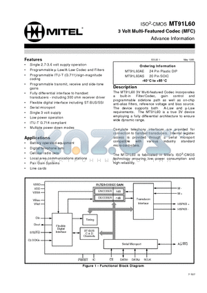 MT91L60 datasheet - ISO2-CMOS 3 Volt Multi-Featured Codec (MFC)
