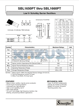 SBL1660PT datasheet - Low VF Schottky Barrier Rectifiers