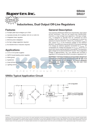 SR036SG datasheet - Inductorless, Dual Output Off-Line Regulators