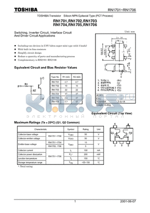 RN1703 datasheet - Switching, Inverter Circuit, Interface Circuit And Driver Circuit Applications
