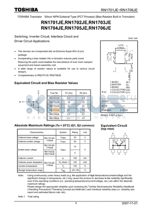 RN1705JE datasheet - Switching, Inverter Circuit, Interface Circuit and Driver Circuit Applications