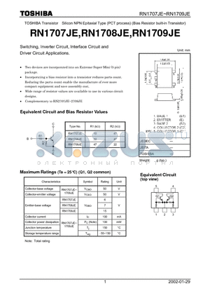 RN1708JE datasheet - Switching, Inverter Circuit, Interface Circuit and Driver Circuit Applications.