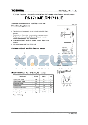 RN1711JE datasheet - Silicon NPN Epitaxial Type (PCT process) (Bias Resistor built-in Transistor)