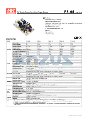 PS-05 datasheet - 5W Single Output Switching Power Supply