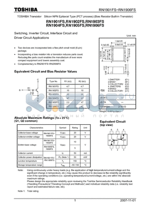 RN1903FS datasheet - Switching, Inverter Circuit, Interface Circuit and Driver Circuit Applications