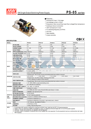 PS-05-15 datasheet - 5W Single Output Switching Power Supply