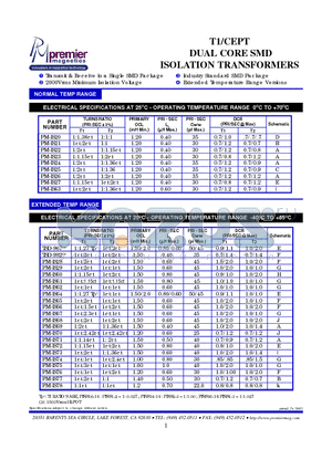 TSD-982 datasheet - T1/CEPT DUAL CORE SMD ISOLATION TRANSFORMERS