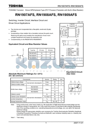RN1907AFS datasheet - Switching, Inverter Circuit, Interface Circuit and Driver Circuit Applications