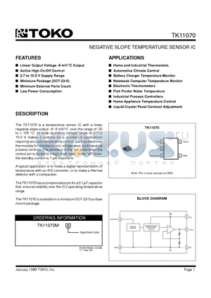 TK11070 datasheet - NEGATIVE SLOPE TEMPERATURE SENSOR IC