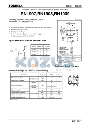 RN1908 datasheet - TOSHIBA Transistor Silicon NPN Epitaxial Type (PCT Process)