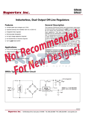 SR037 datasheet - Inductorless, Dual Output Off-Line Regulators