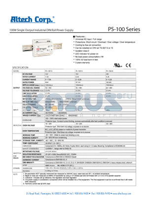 PS-10015 datasheet - 100W Single Output Industrial DIN Rail Power Supply