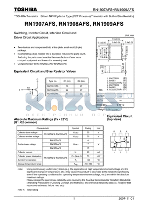 RN1908AFS datasheet - Switching, Inverter Circuit, Interface Circuit and Driver Circuit Applications