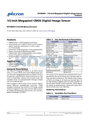 MT9M001 datasheet - 1/2-Inch Megapixel CMOS Digital Image Sensor