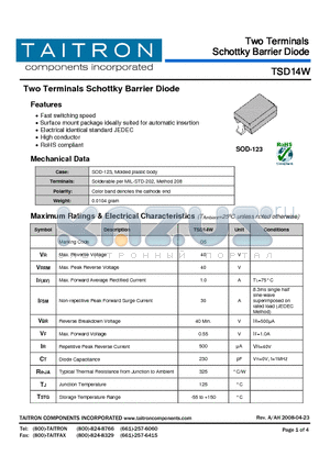 TSD14W datasheet - Two Terminals Schottky Barrier Diode