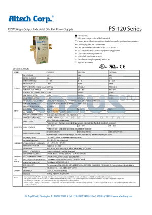 PS-120 datasheet - 120W Single Output Industrial DIN Rail Power Supply