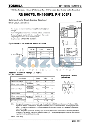 RN1909FS datasheet - Switching, Inverter Circuit, Interface Circuit and Driver Circuit Applications