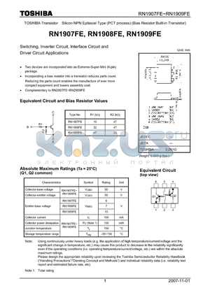 RN1908FE datasheet - Switching, Inverter Circuit, Interface Circuit and Driver Circuit Applications