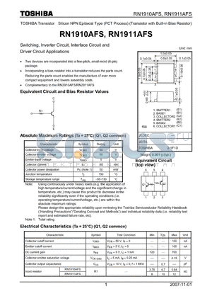 RN1910AFS datasheet - Switching, Inverter Circuit, Interface Circuit and Driver Circuit Applications