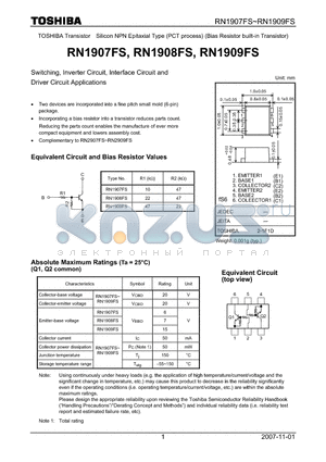 RN1908FS datasheet - Switching, Inverter Circuit, Interface Circuit and Driver Circuit Applications