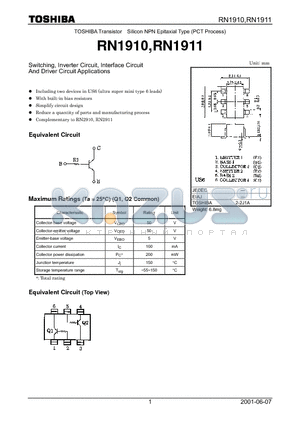 RN1911 datasheet - Switching, Inverter Circuit, Interface Circuit And Driver Circuit Applications