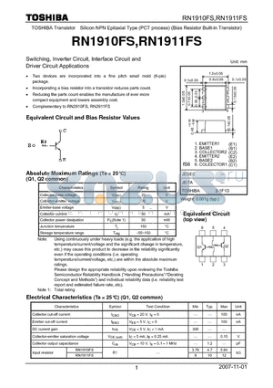 RN1911FS datasheet - Switching, Inverter Circuit, Interface Circuit and Driver Circuit Applications