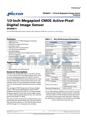 MT9M011 datasheet - 1/3-Inch Megapixel CMOS Active-Pixel Digital Image Sensor