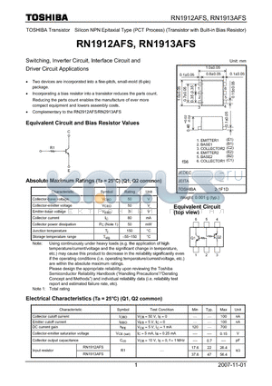 RN1913AFS datasheet - Switching, Inverter Circuit, Interface Circuit and Driver Circuit Applications