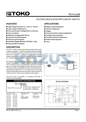TK11123MCL datasheet - VOLTAGE REGULATOR WITH ON/OFF SWITCH