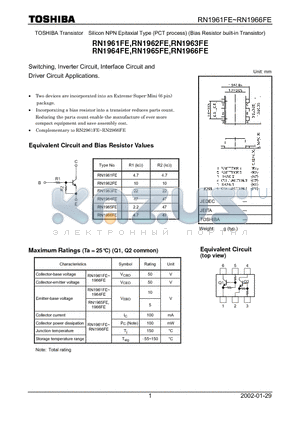 RN1962FE datasheet - TOSHIBA Transistor Silicon NPN Epitaxial Type (PCT process) (Bias Resistor built-in Transistor)