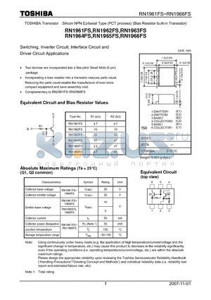 RN1964FS datasheet - Switching, Inverter Circuit, Interface Circuit and Driver Circuit Applications