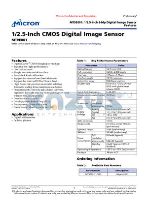 MT9E001I12STC datasheet - 1/2.5-Inch CMOS Digital Image Sensor