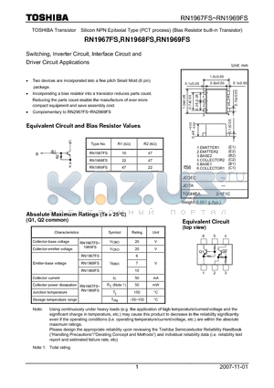 RN1967FS datasheet - Switching, Inverter Circuit, Interface Circuit and Driver Circuit Applications