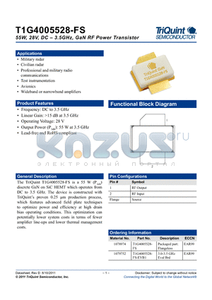 T1G4005528-FS-EVB1 datasheet - 55W, 28V, DC  3.5GHz, GaN RF Power Transistor